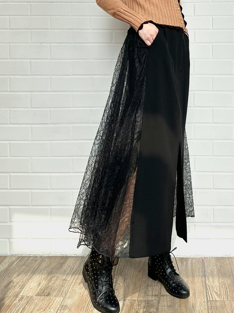 Final Sale! Black Slit Front Pencil Skirt With Pleated Lace Back