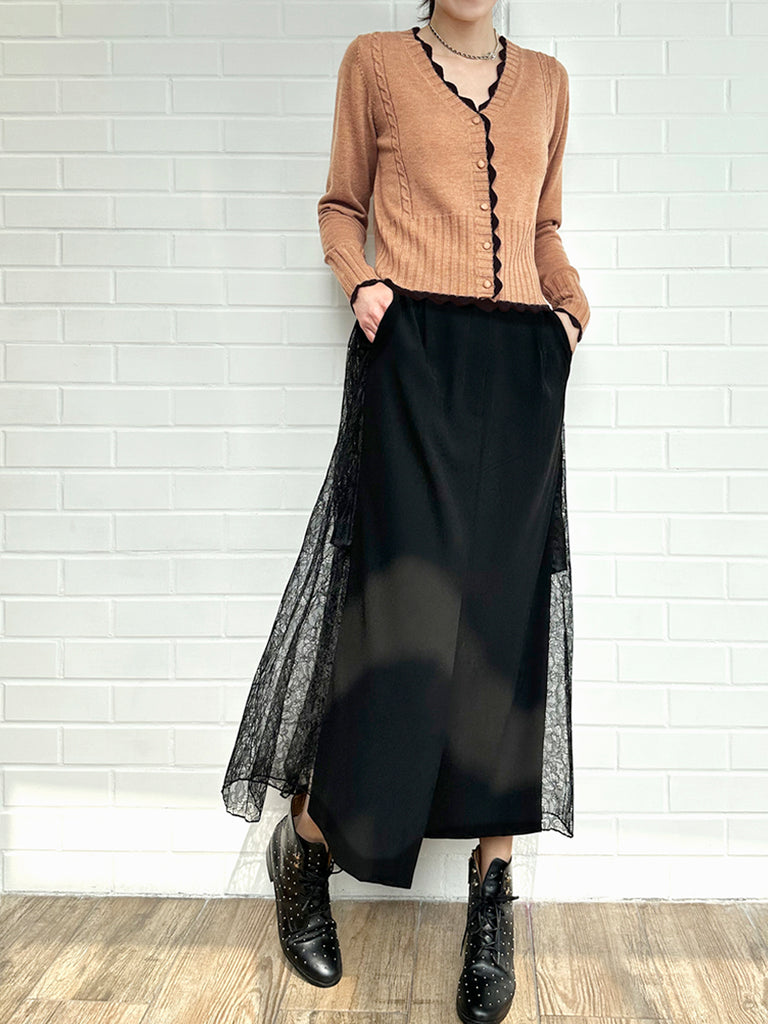 Final Sale! Black Slit Front Pencil Skirt With Pleated Lace Back