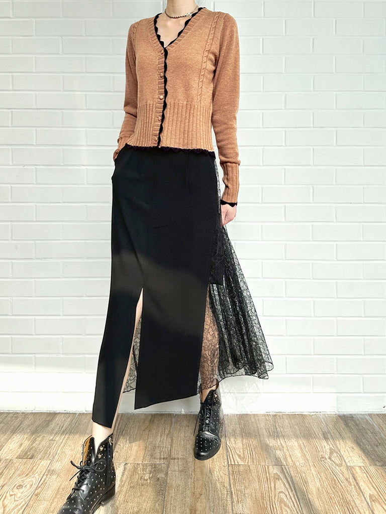 Final Sale! Black Slit Front Pencil Skirt With Pleated Lace Back