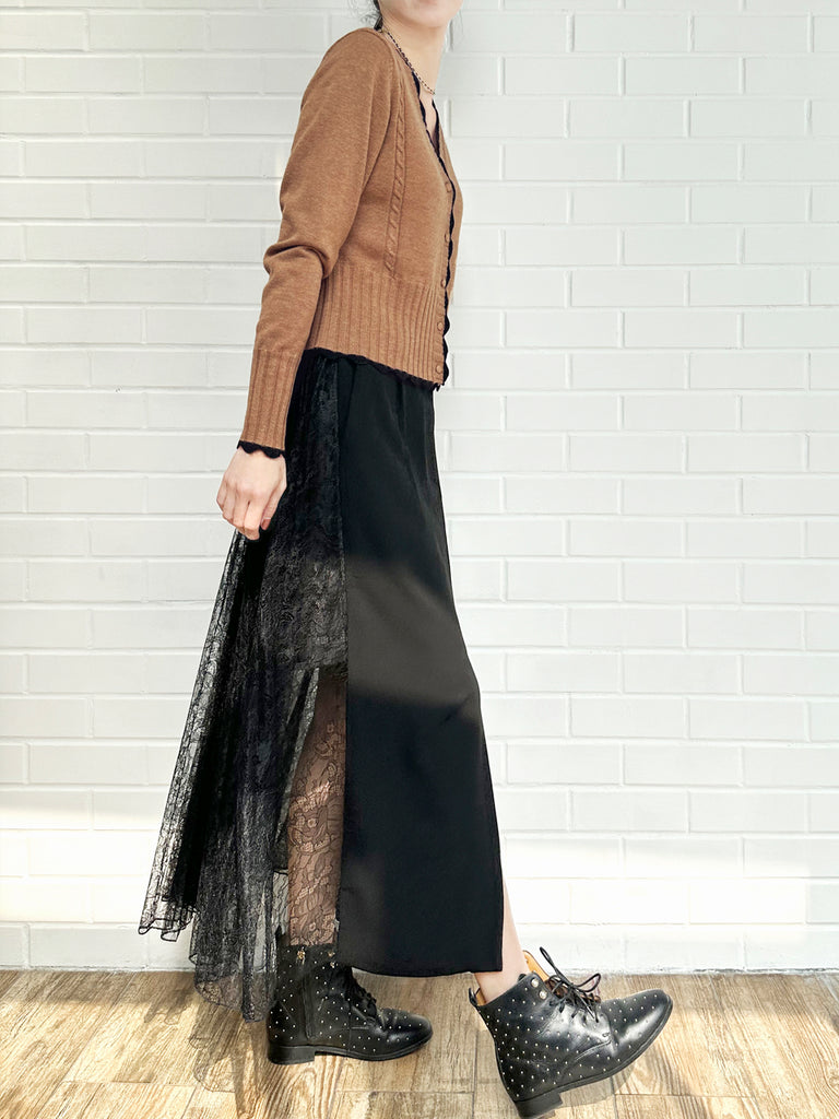 Final Sale! Black Slit Front Pencil Skirt With Pleated Lace Back