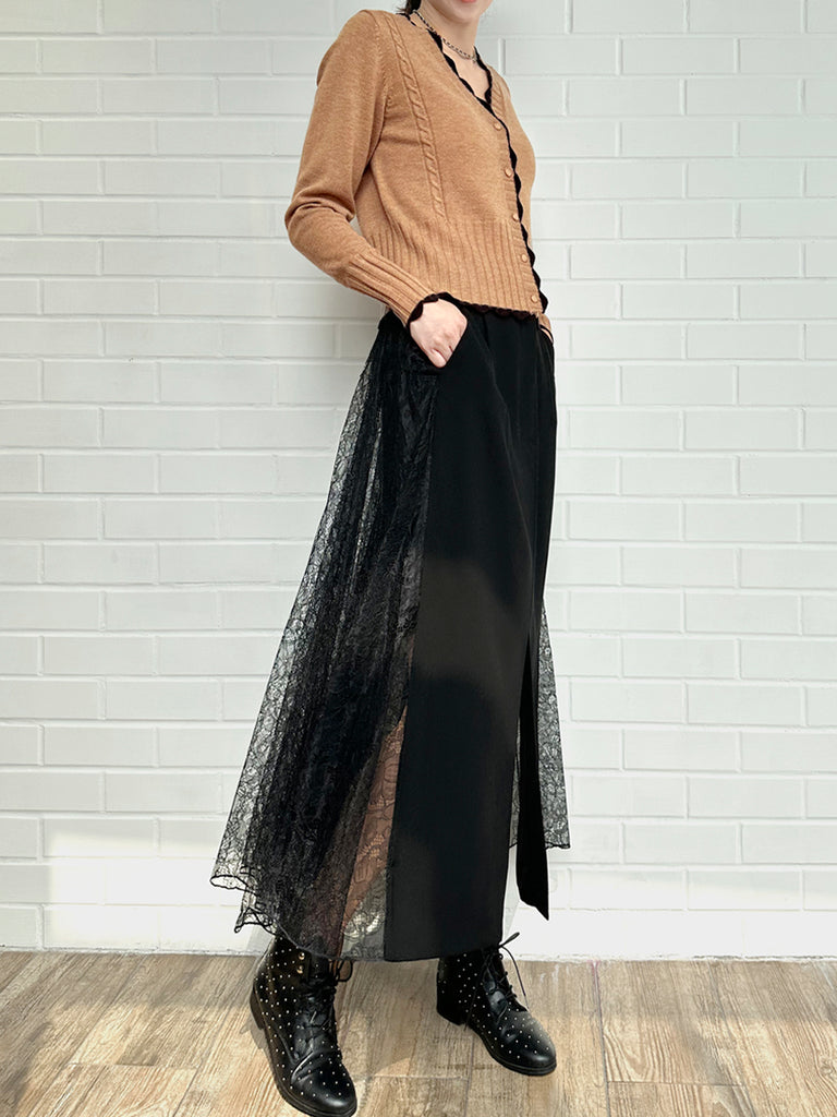 Final Sale! Black Slit Front Pencil Skirt With Pleated Lace Back