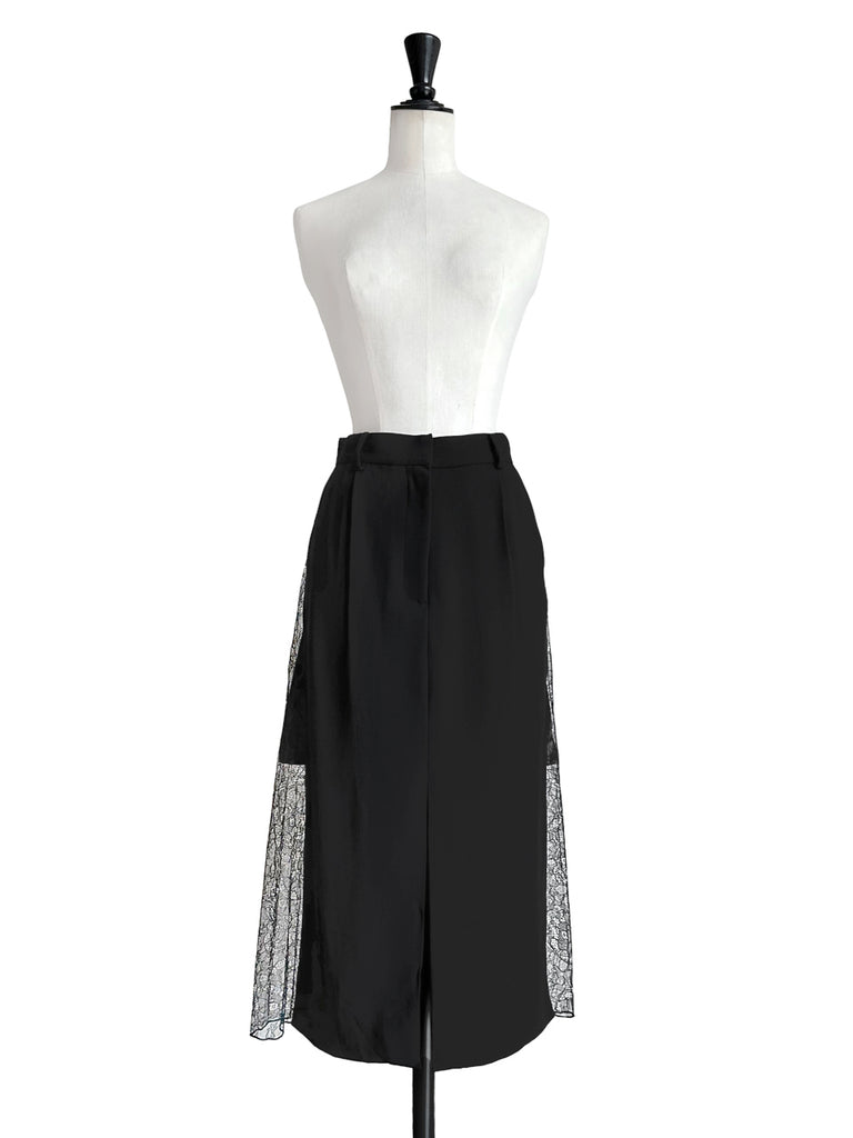 Final Sale! Black Slit Front Pencil Skirt With Pleated Lace Back