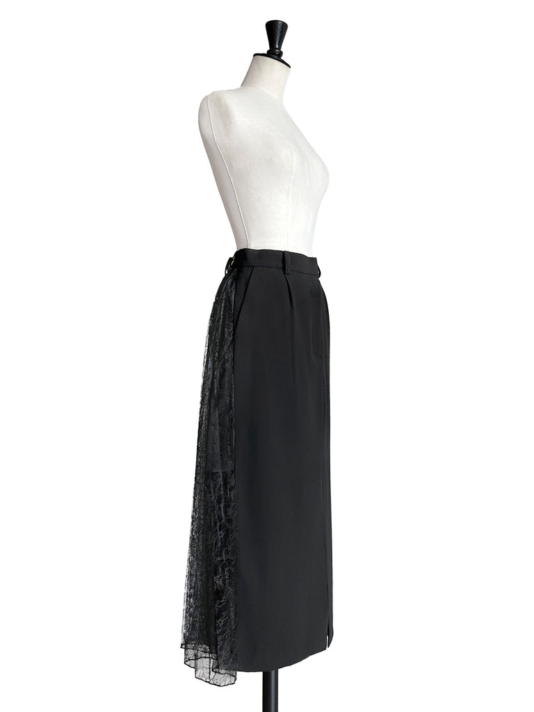Final Sale! Black Slit Front Pencil Skirt With Pleated Lace Back