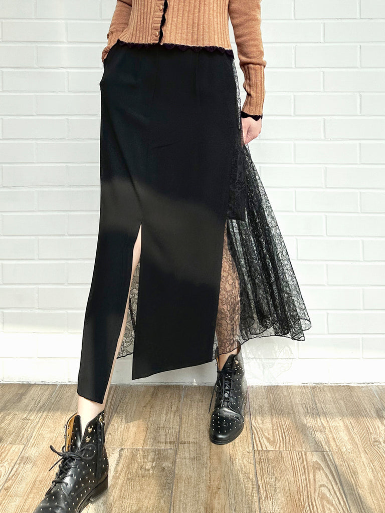 Final Sale! Black Slit Front Pencil Skirt With Pleated Lace Back