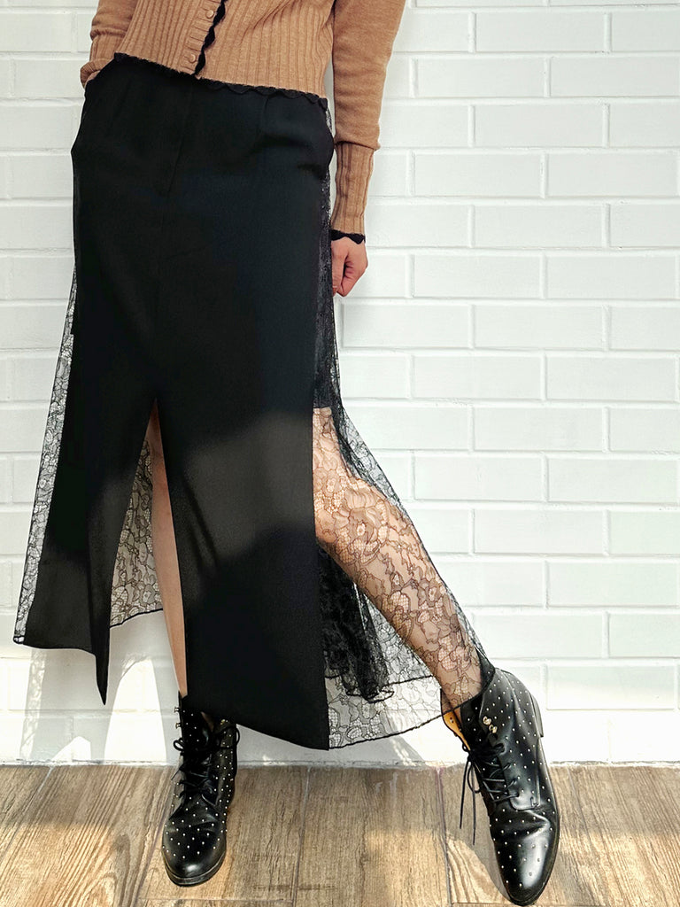 Final Sale! Black Slit Front Pencil Skirt With Pleated Lace Back
