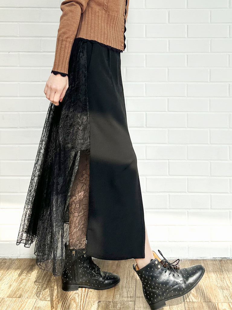 Final Sale! Black Slit Front Pencil Skirt With Pleated Lace Back