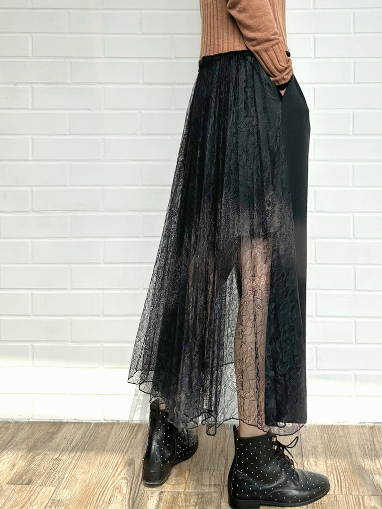 Final Sale! Black Slit Front Pencil Skirt With Pleated Lace Back