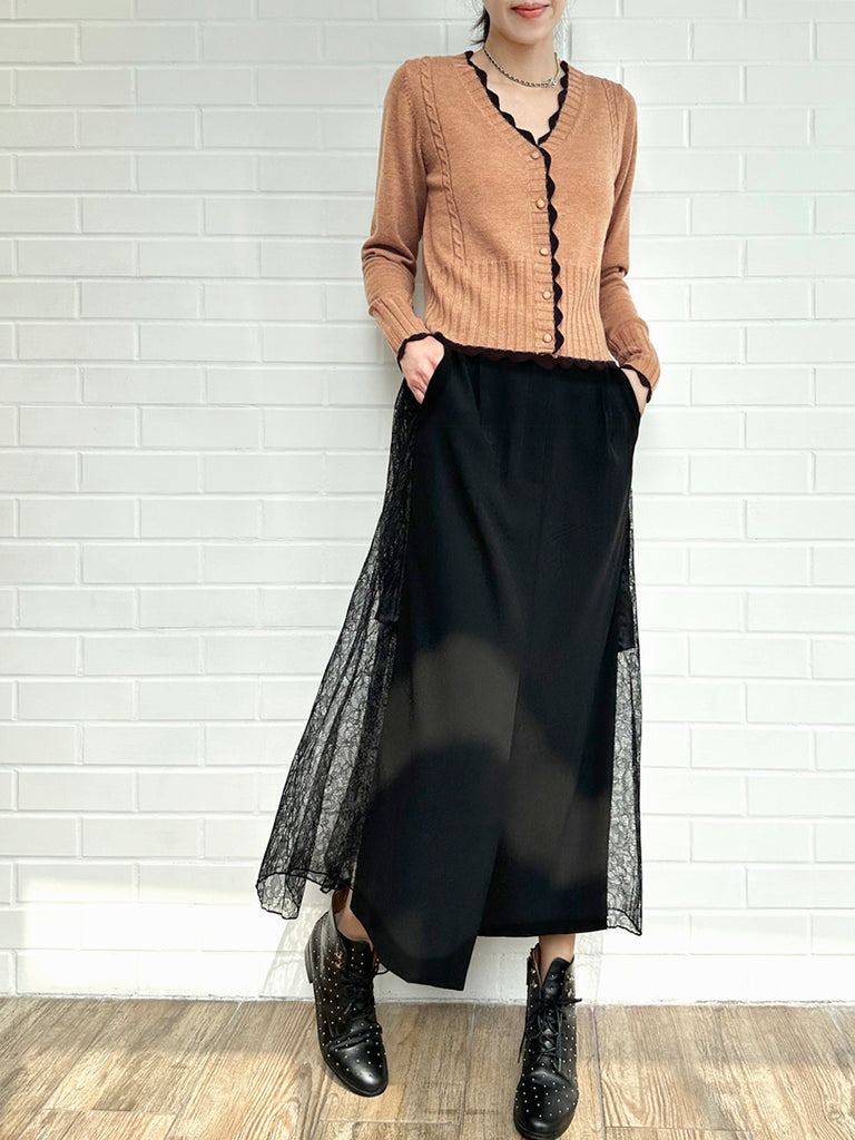 Surprise Sale! Beige Contrast Scallop Trim Cashmere & Wool Cropped Cardigan