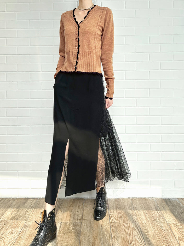 Surprise Sale! Beige Contrast Scallop Trim Cashmere & Wool Cropped Cardigan