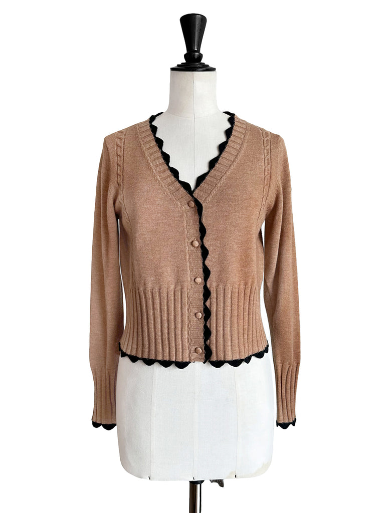 Surprise Sale! Beige Contrast Scallop Trim Cashmere & Wool Cropped Cardigan