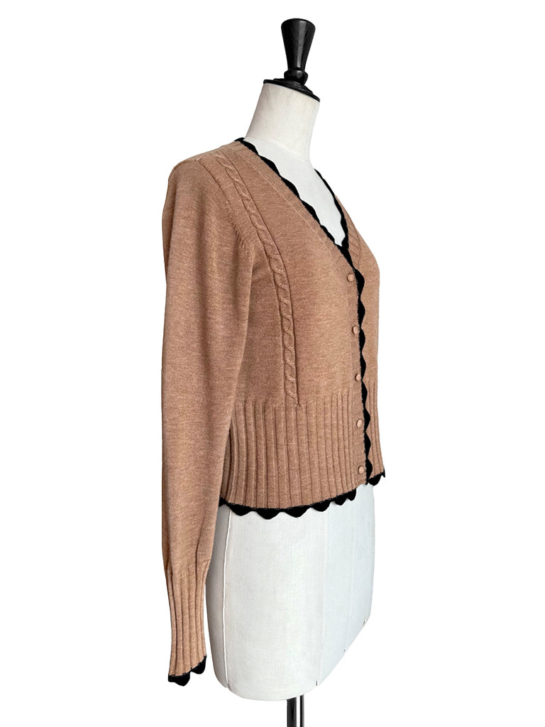 Surprise Sale! Beige Contrast Scallop Trim Cashmere & Wool Cropped Cardigan