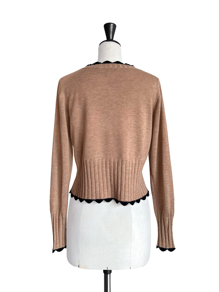 Surprise Sale! Beige Contrast Scallop Trim Cashmere & Wool Cropped Cardigan