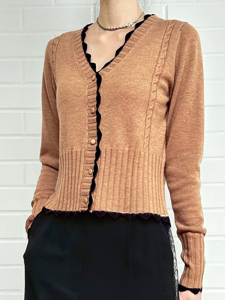 Surprise Sale! Beige Contrast Scallop Trim Cashmere & Wool Cropped Cardigan