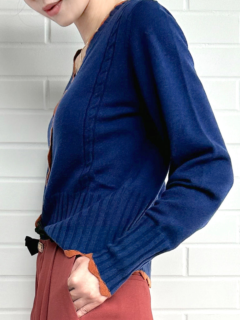 Surprise Sale! Blue Contrast Scallop Trim Cashmere & Wool Cropped Cardigan