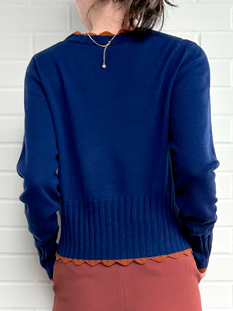 Surprise Sale! Blue Contrast Scallop Trim Cashmere & Wool Cropped Cardigan