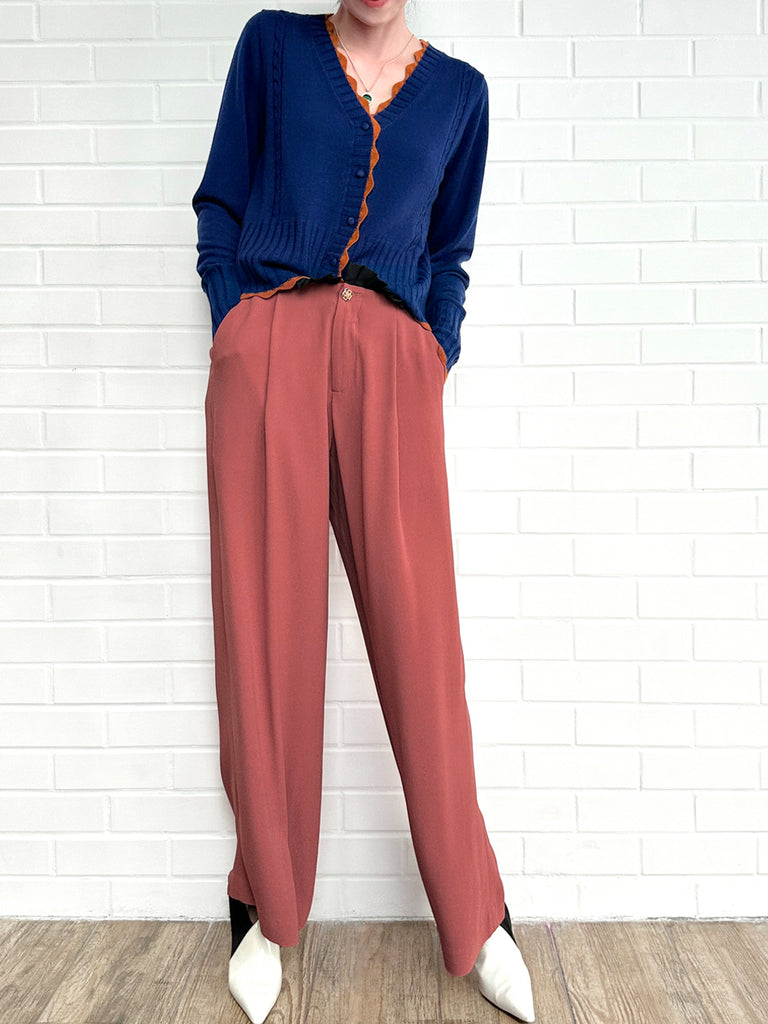 Surprise Sale! Blue Contrast Scallop Trim Cashmere & Wool Cropped Cardigan