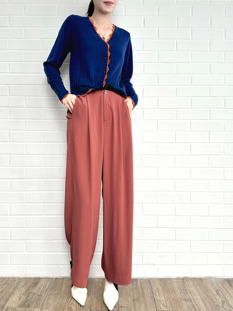 Surprise Sale! Blue Contrast Scallop Trim Cashmere & Wool Cropped Cardigan