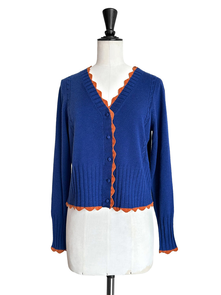 Surprise Sale! Blue Contrast Scallop Trim Cashmere & Wool Cropped Cardigan