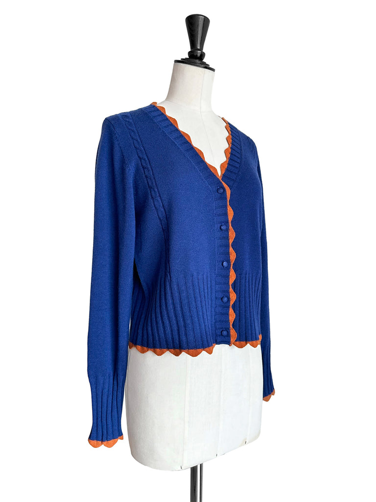 Surprise Sale! Blue Contrast Scallop Trim Cashmere & Wool Cropped Cardigan