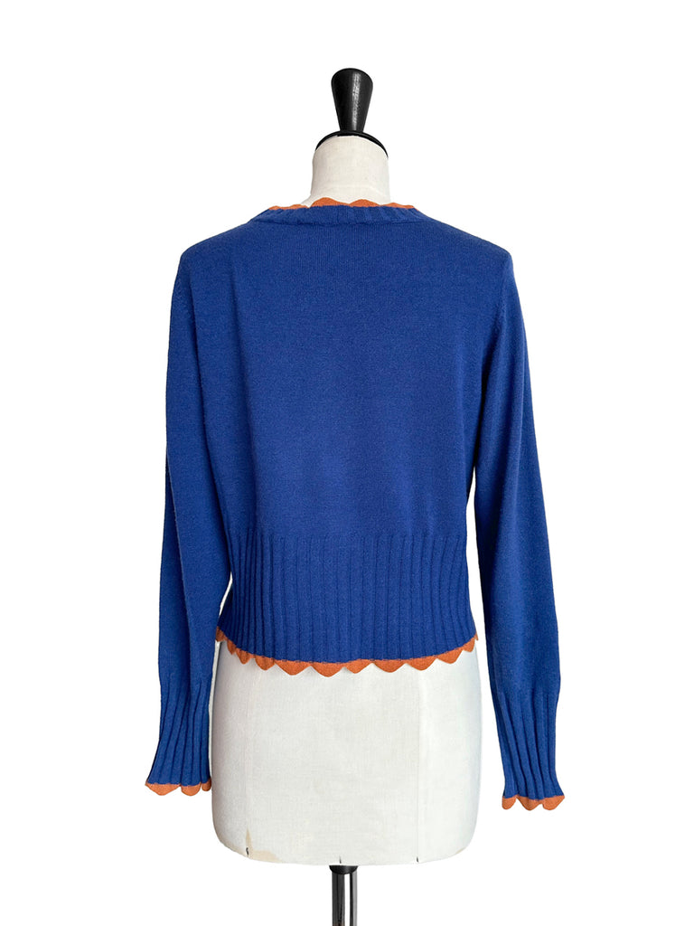 Surprise Sale! Blue Contrast Scallop Trim Cashmere & Wool Cropped Cardigan