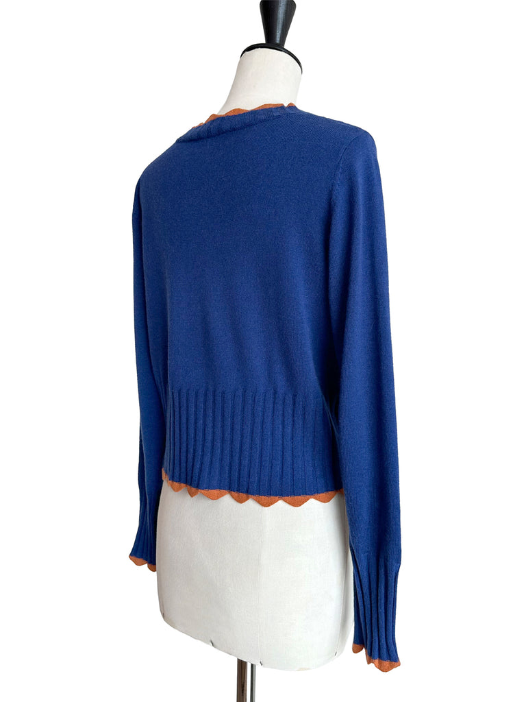 Surprise Sale! Blue Contrast Scallop Trim Cashmere & Wool Cropped Cardigan