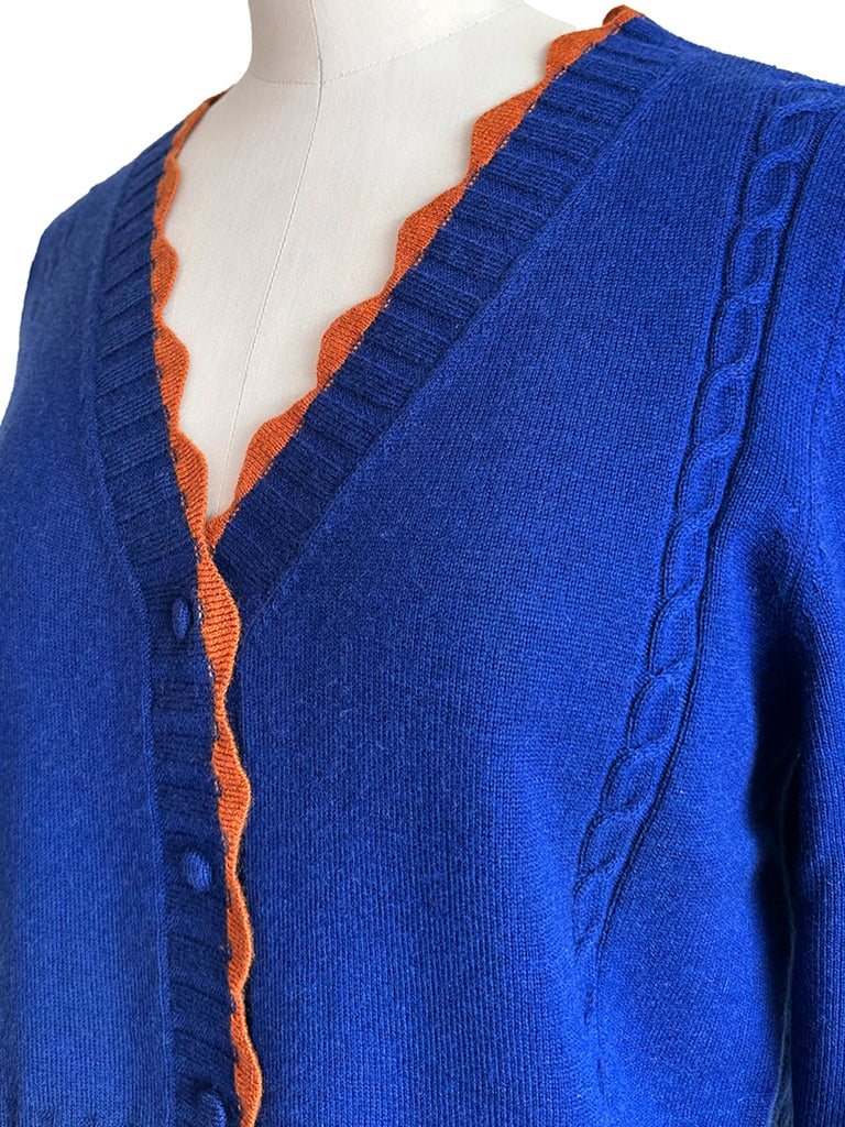 Surprise Sale! Blue Contrast Scallop Trim Cashmere & Wool Cropped Cardigan