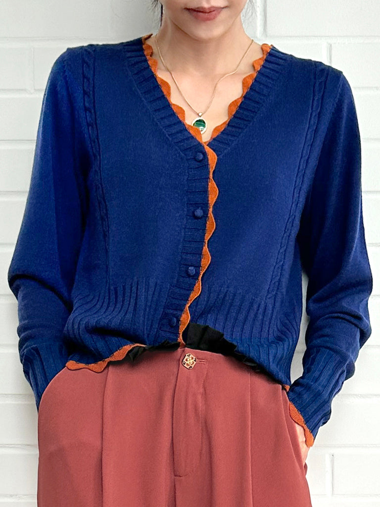 Surprise Sale! Blue Contrast Scallop Trim Cashmere & Wool Cropped Cardigan