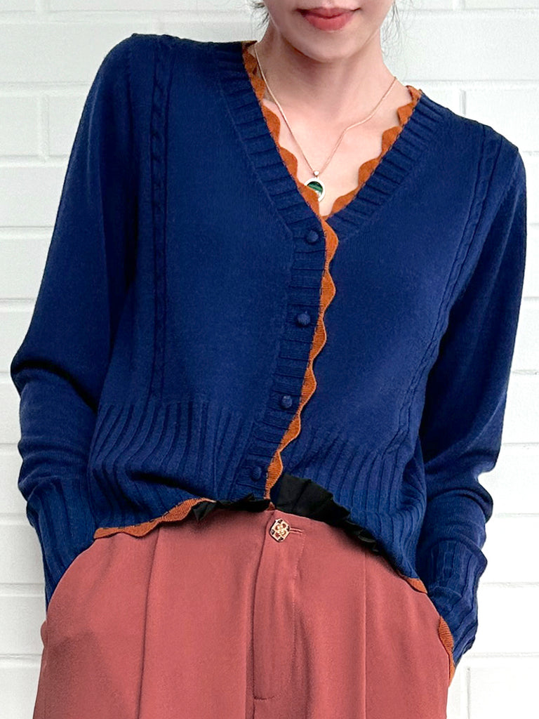 Surprise Sale! Blue Contrast Scallop Trim Cashmere & Wool Cropped Cardigan