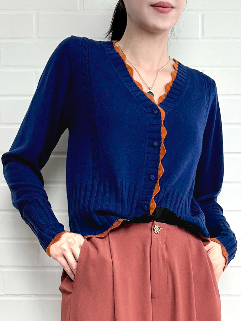 Surprise Sale! Blue Contrast Scallop Trim Cashmere & Wool Cropped Cardigan