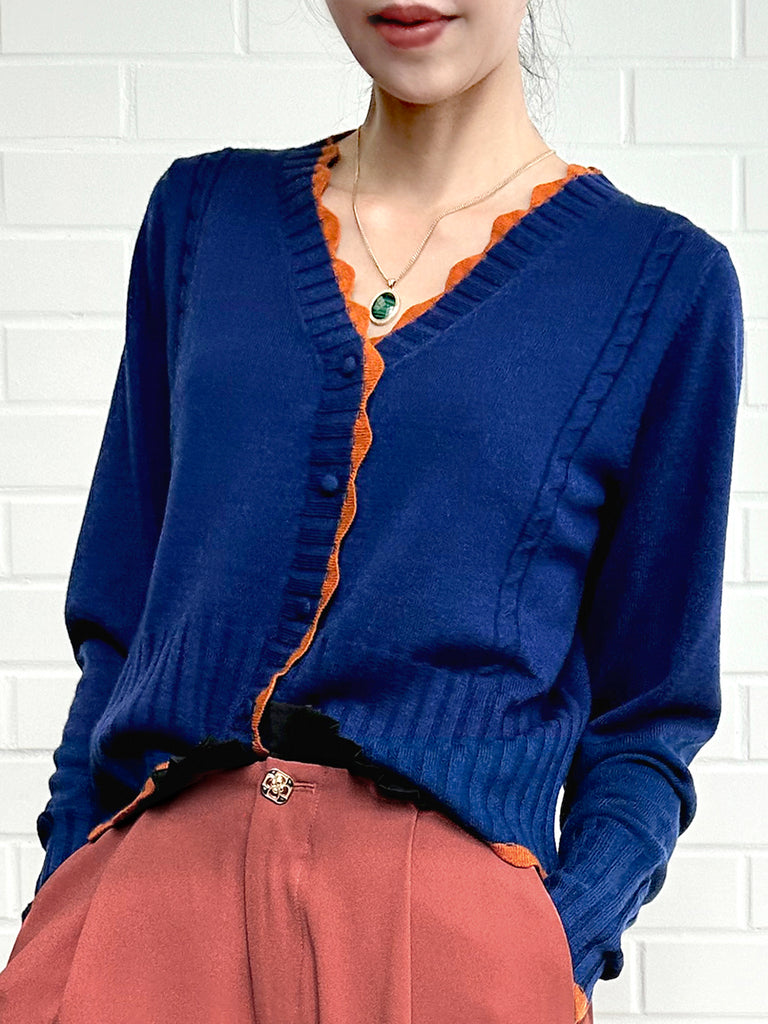 Surprise Sale! Blue Contrast Scallop Trim Cashmere & Wool Cropped Cardigan