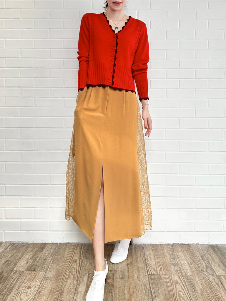 紅色撞色扇貝邊羊絨&羊毛短版開襟衫