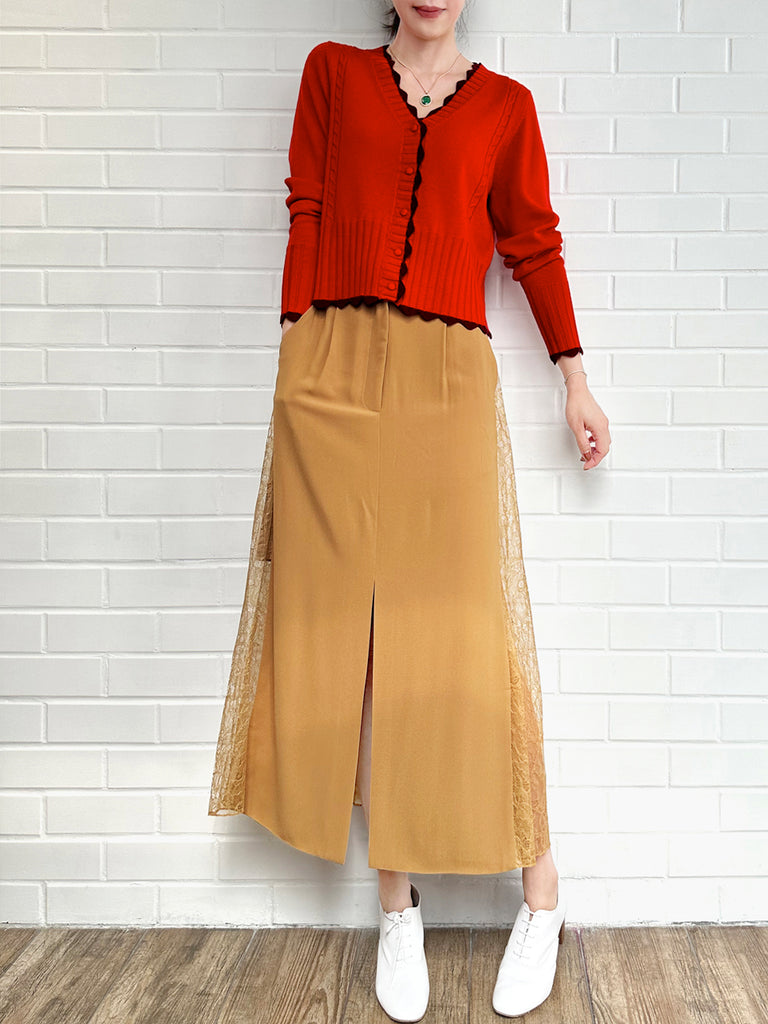 紅色撞色扇貝邊羊絨&羊毛短版開襟衫