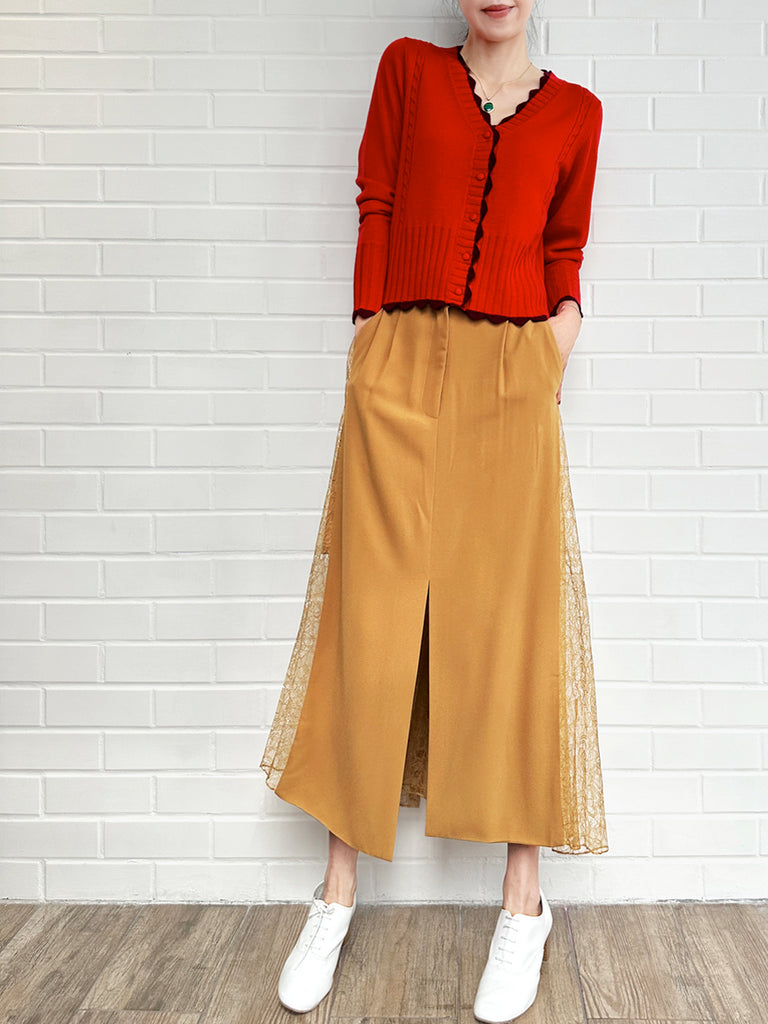 紅色撞色扇貝邊羊絨&羊毛短版開襟衫