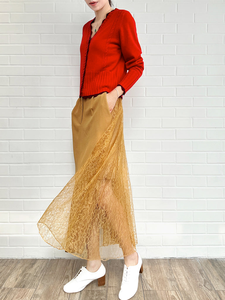 紅色撞色扇貝邊羊絨&羊毛短版開襟衫