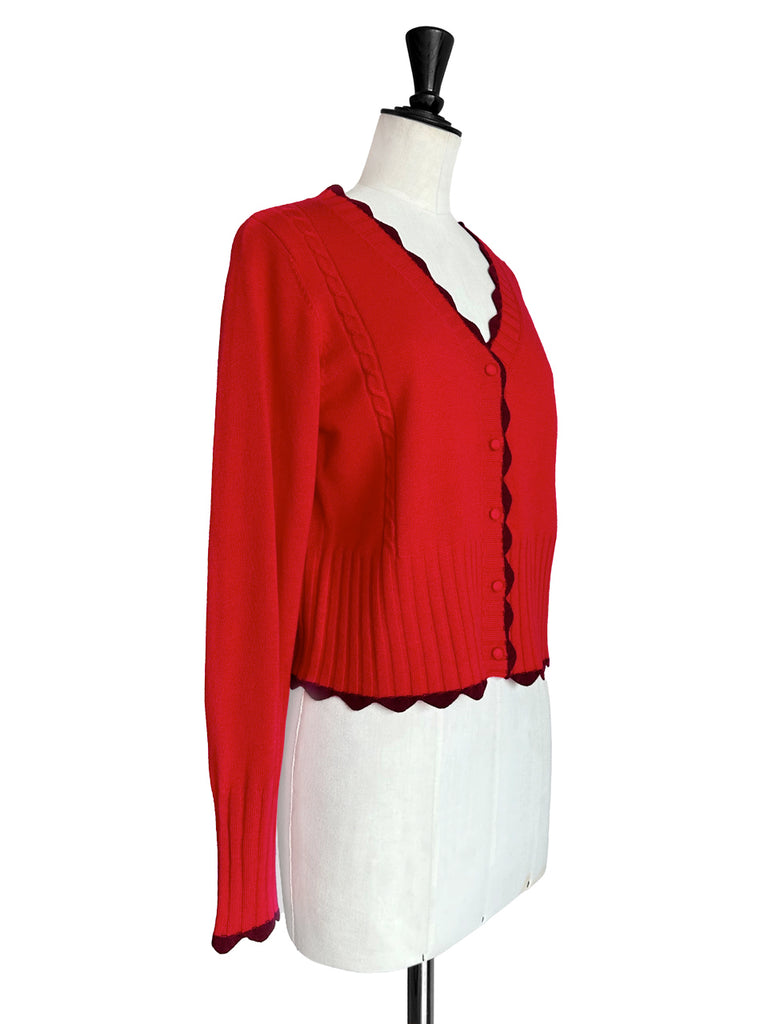 紅色撞色扇貝邊羊絨&羊毛短版開襟衫