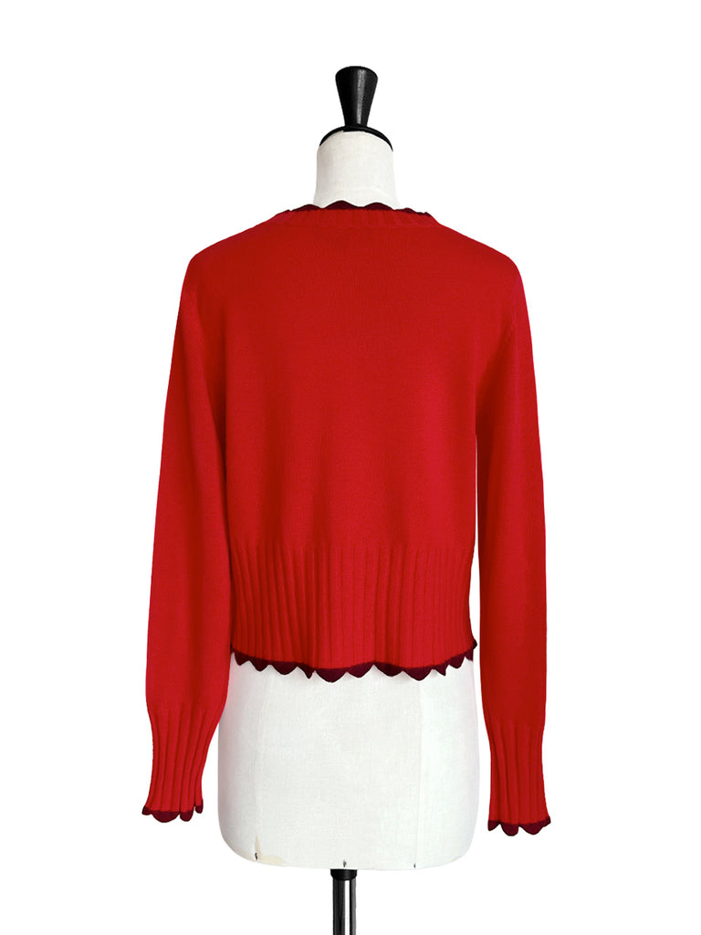 紅色撞色扇貝邊羊絨&羊毛短版開襟衫