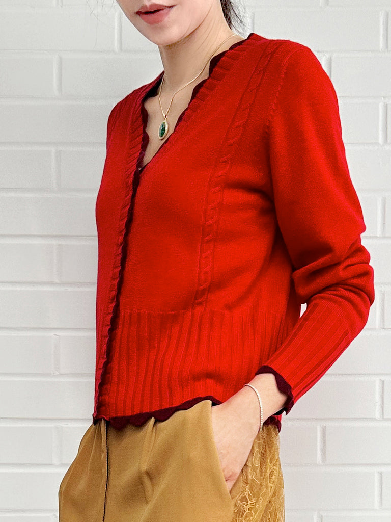 紅色撞色扇貝邊羊絨&羊毛短版開襟衫