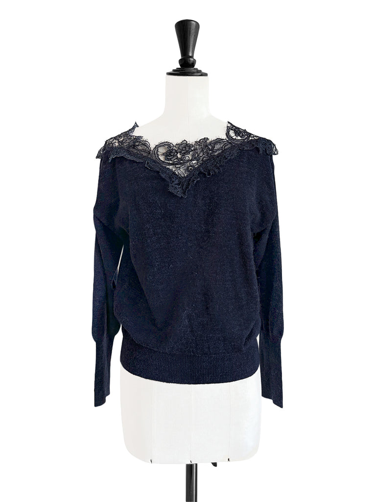 海軍藍不對稱蕾絲領蝙蝠翼馬海毛美利奴混紡毛衣