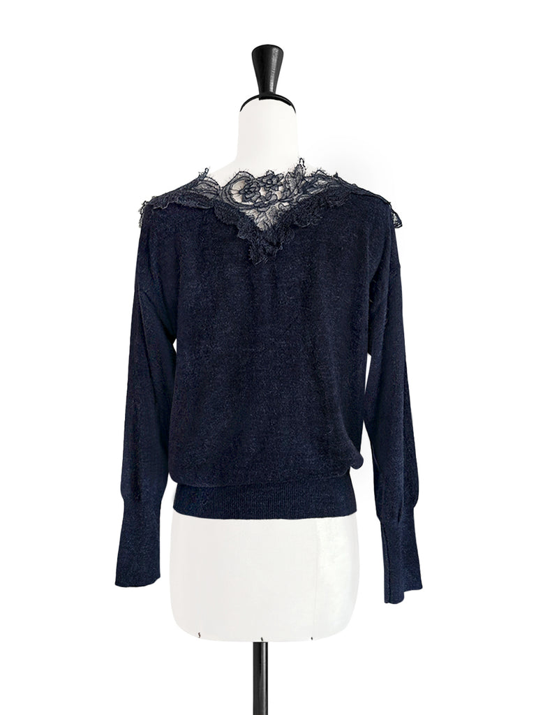 海軍藍不對稱蕾絲領蝙蝠翼馬海毛美利奴混紡毛衣