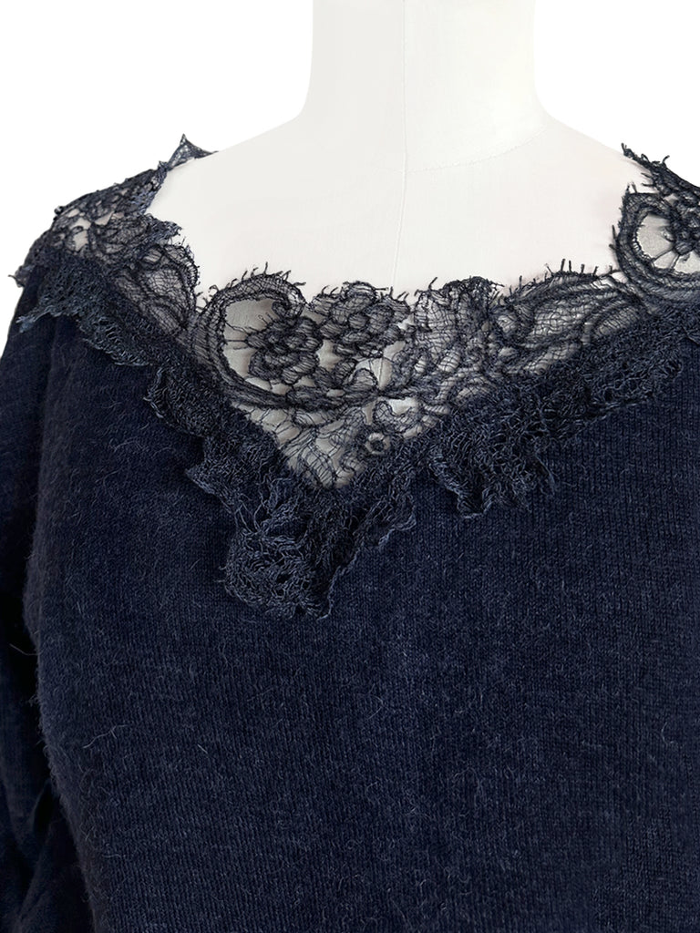 海軍藍不對稱蕾絲領蝙蝠翼馬海毛美利奴混紡毛衣