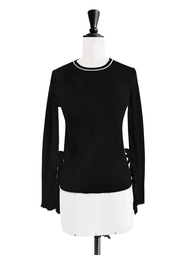 黑色超長荷葉邊袖羊毛混紡毛衣