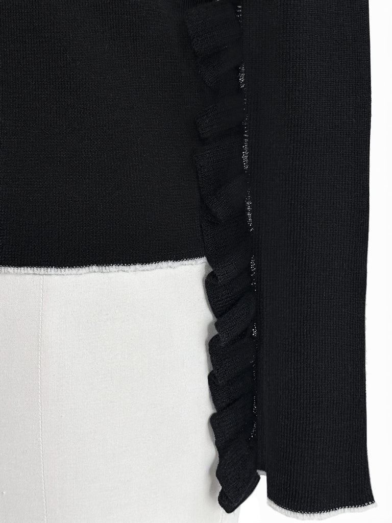 黑色超長荷葉邊袖羊毛混紡毛衣