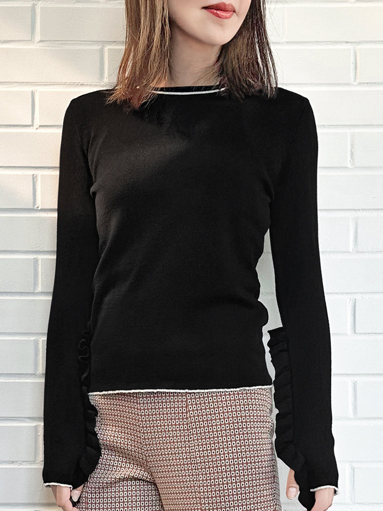 黑色超長荷葉邊袖羊毛混紡毛衣