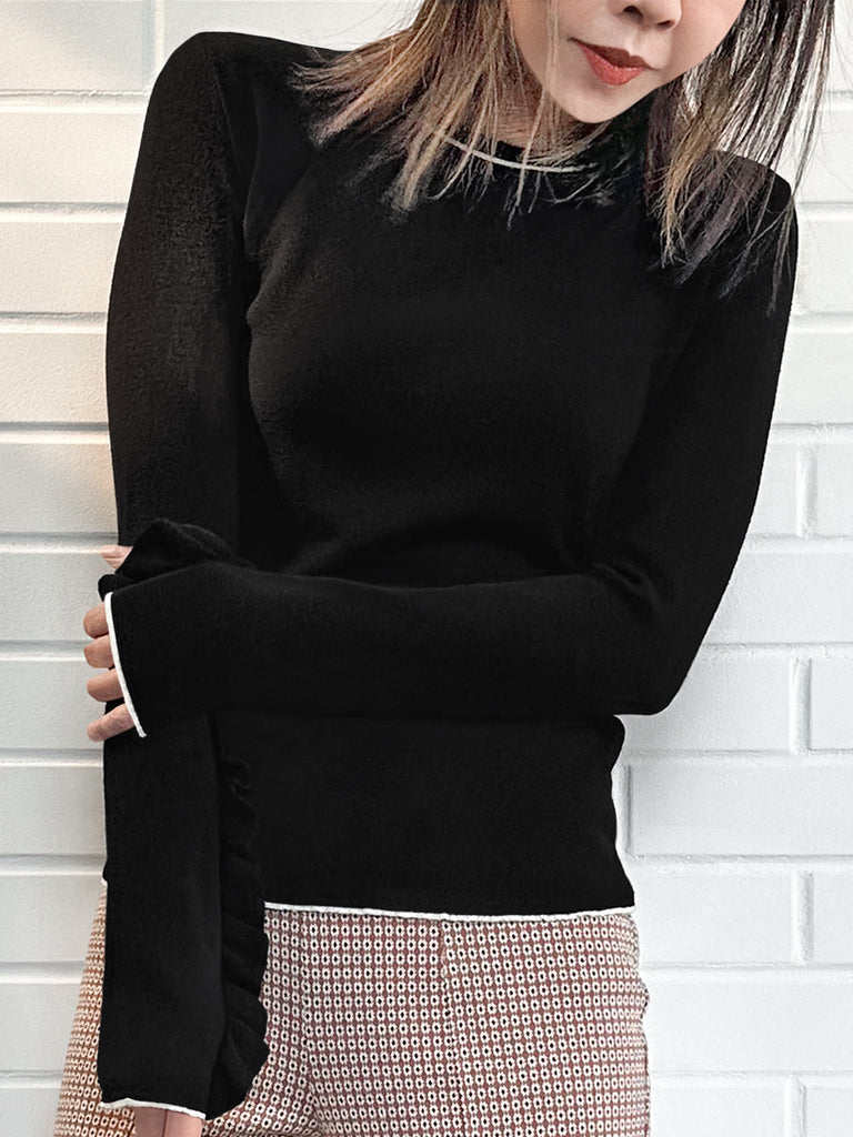 黑色超長荷葉邊袖羊毛混紡毛衣