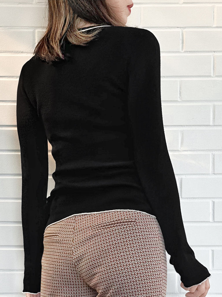 黑色超長荷葉邊袖羊毛混紡毛衣
