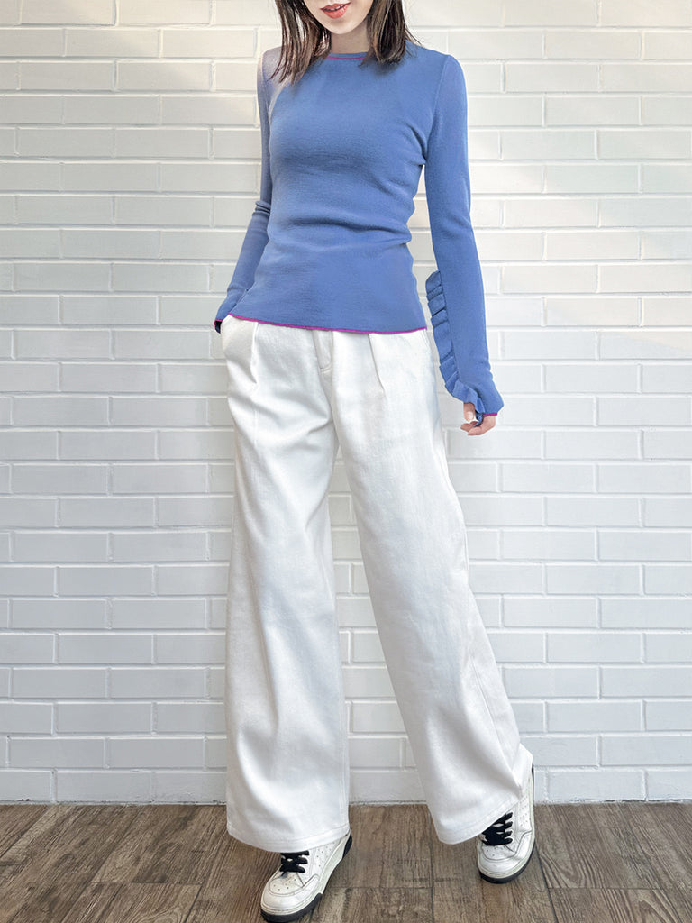 薰衣草藍超長荷葉邊袖羊毛混紡毛衣