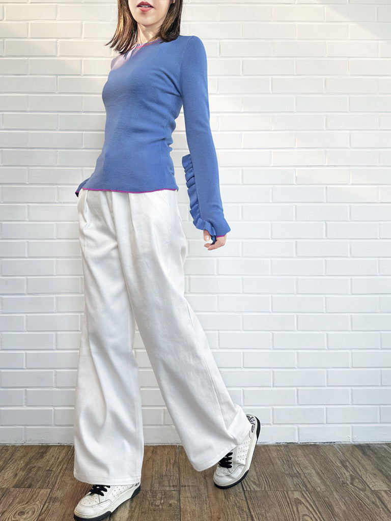 薰衣草藍超長荷葉邊袖羊毛混紡毛衣