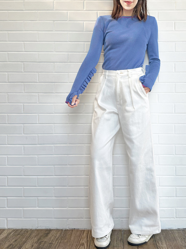 薰衣草藍超長荷葉邊袖羊毛混紡毛衣