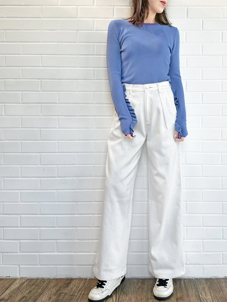 薰衣草藍超長荷葉邊袖羊毛混紡毛衣