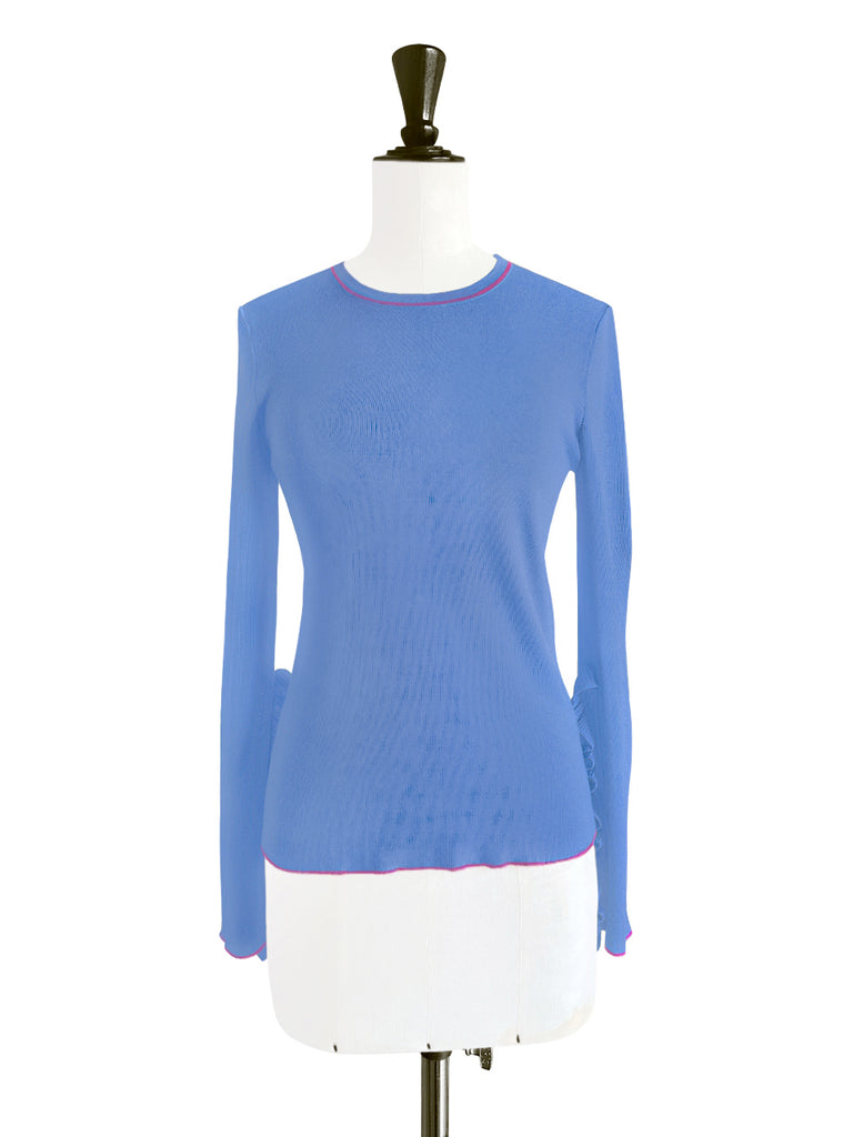 薰衣草藍超長荷葉邊袖羊毛混紡毛衣